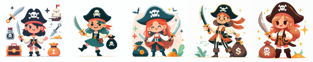 Cartoon Pirate Girls with Gold Treasure, Sword, and Cute Pirate Items – Vector Illustration