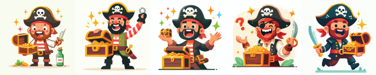 Funny Pirate Cartoon with Treasure Chest – Expressive Vector Characters