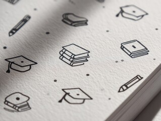 A close-up reveals a textured off-white surface adorned with a repeating pattern of minimalist line-drawn graduation caps, pencils, and stacks of books, subtly shadowed