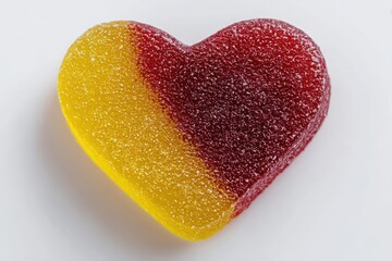 Close up of a heart shaped gummy candy with yellow and red colors on a white background