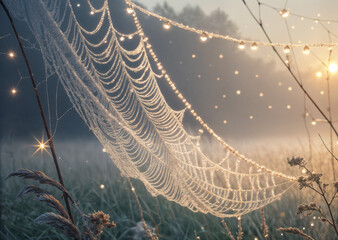 captures a close-up of a spider web glistening with dewdrops on a misty morning, with soft light filtering through the mist in the background.