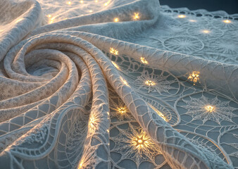 depicts a piece of fabric or clothing with intricate lace patterns. The fabric features a light beige color and is adorned with small, illuminated lights that create a warm and decorative effect. The 