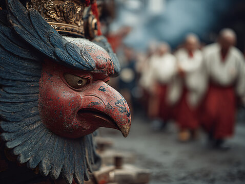Close-up of the Tengu Mikoshi from Numata Festival, carved face with fierce expression, long nose and black wings on the back. Monks in white and red robes walking beside it