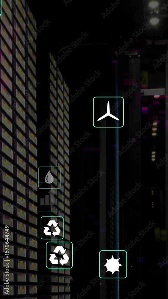 Poster animation of eco icons and data processing over computer servers