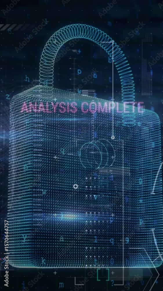 Poster animation of security padlock and data processing over navy background