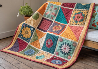 shows a colorful quilt with various patterns and floral designs, draped over a piece of furniture. A potted plant is visible in the background, adding a touch of greenery to the scene.