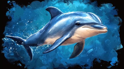 A Dolphin Swimming Gracefully in Deep Blue Ocean Digital Illustration