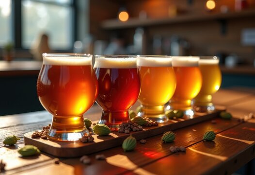 vibrant colorful craft beer flight selection rustic wooden taproom table fresh foam unique glassware, crafter, ale, pint, stout, lager, brew, billboard