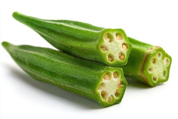 A close up of three okra pods with one cut open to reveal the seeds on a white background