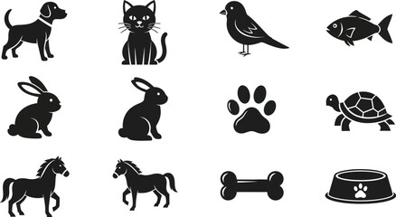 AI generated various animal icons including dog, cat, bird, fish, rabbit, turtle, and horse isolated on white background
