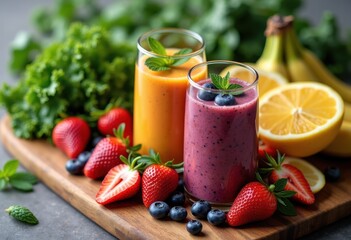 vibrant smoothie ingredients colorful display rustic wooden cutting board fresh fruits healthy vegetables, banana, berries, spinach, cucumber, juice, avocado