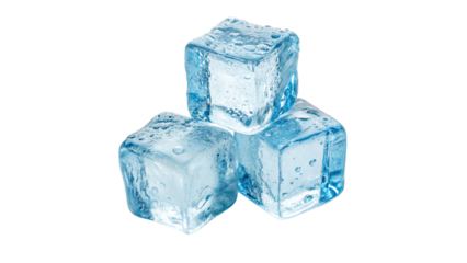three frozen ice cubes in blue cut out isolated on transparent background	