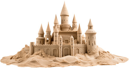A detailed sandcastle with multiple towers and intricate designs sitting on a mound of sand on transparent background