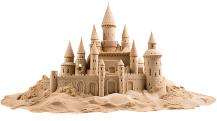 A detailed sandcastle with multiple towers and intricate designs sitting on a mound of sand on transparent background