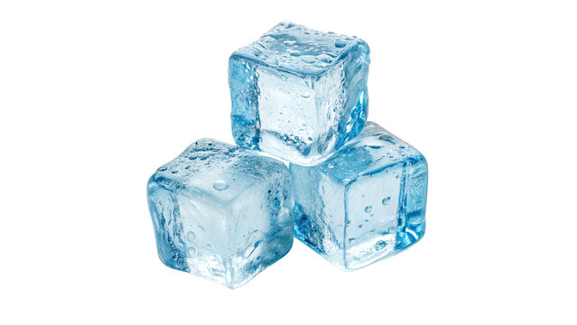 three frozen ice cubes in blue cut out isolated on transparent background	