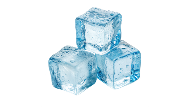 three frozen ice cubes in blue cut out isolated on transparent background	