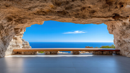 Stunning coastal view framed by natural rock archway, showcasing serene ocean and clear blue sky