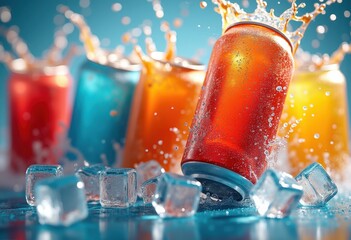 vibrant soda cans splashing ice cubes refreshing drink colorful burst fizzy explosion, rainbow, lgbtq, lgbt, pride, love, equality, beverage, carbonated, cold