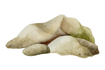Brown rocks watercolor illustration isolated on white. Hand drawn stones monochrome clip art for nautical and marine designs, farm and countryside concepts and tourist summer travel brochures