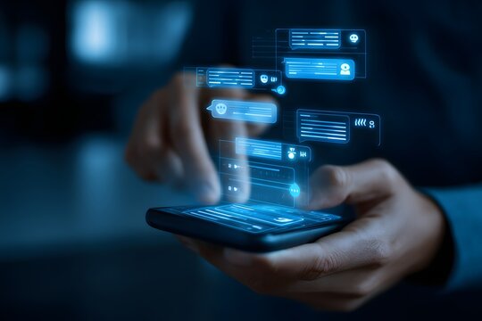 A person using a smartphone with floating digital chat messages representing real-time communication and messaging apps
