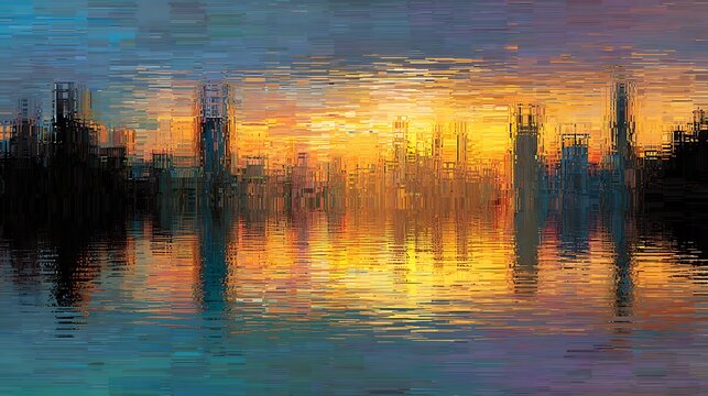 A pixelated reflection of a cityscape shimmers in rippling water at sunset. The digital distortion blends with natural movement, creating a hybrid of technology and environment