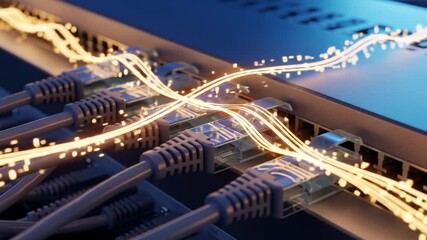 Network switch with connected ethernet cables transmitting data flow, glowing light streaks illustrate digital communication - Powered by Adobe