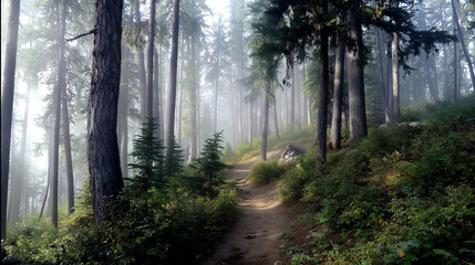Obraz premium A realism scene featuring a quiet forest trail with morning mist