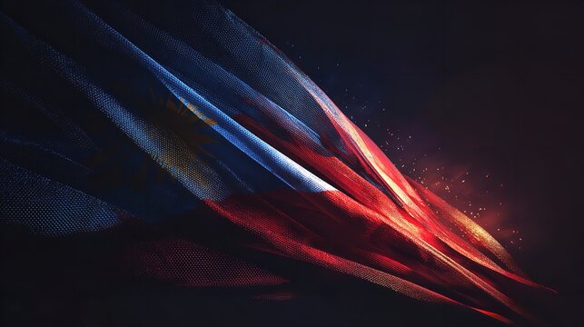 The Philippine flag ripples in digital art symbolizing freedom and hope with burning embers on a dark background with a