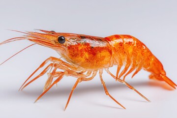 Close up shot of an orange shrimp with long legs and antennae on a plain white background surface