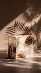 A recyclable skincare box in natural tones features leaf patterns glowing under soft studio light. Eco-luxury concept visualized for clean beauty, sustainable packaging, or brand transparency.