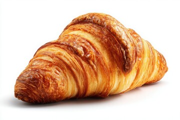 A single croissant with golden brown crust isolated on white background in a studio shot view