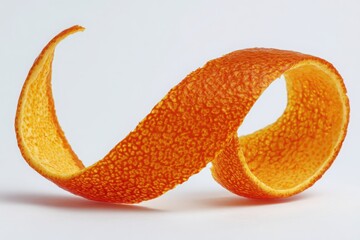 A single orange peel curled on a white surface showing the texture and color of the fruit's rind