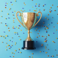 Golden Trophy Shines with Confetti Celebration, Achievement Unlocked with Success Theme