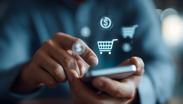 A person using a smartphone with digital shopping cart and dollar icons representing online purchasing and mobile commerce