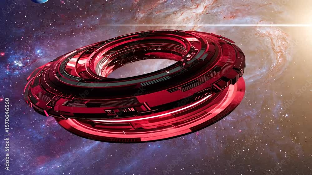 Wall mural futuristic red spacecraft in deep space with distant planets and cosmic background