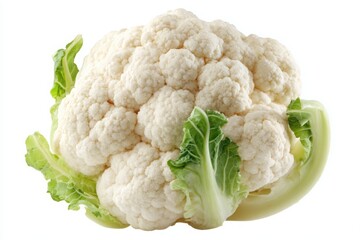 Isolated close up of a fresh cauliflower head with green leaves on a bright white background
