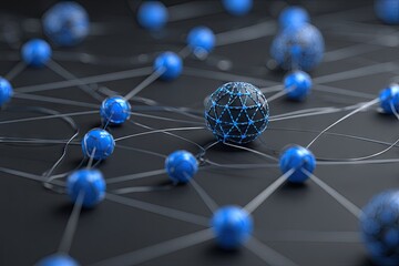 A complex network of interconnected blue spheres on a dark background, with one central sphere highlighted by glowing lines