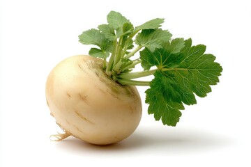 Single turnip with green leaves on a white background in a studio shot for food photography