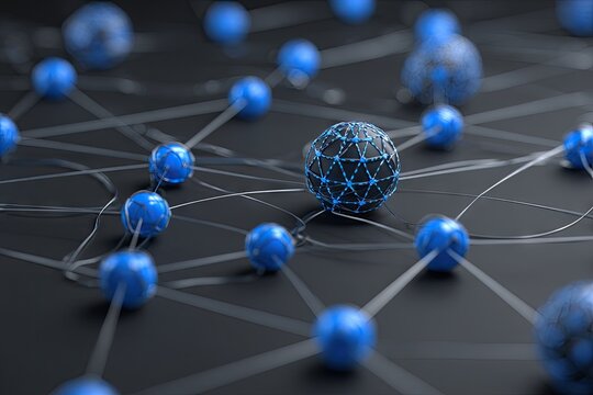 A complex network of interconnected blue spheres on a dark background, with one central sphere highlighted by glowing lines - Powered by Adobe