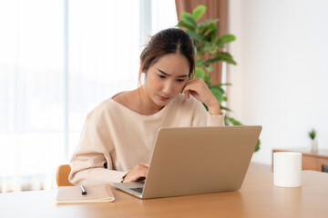 Office syndrome. Overworked tired young asian woman feeling headache, having eyesight problem after...