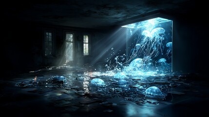 A room under the sea, pale humanoid jellyfish swimming outside the window Water pressure tinnitus, transparent seawater suddenly seeping through the floor,