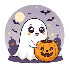 An anime-style illustration of a cute ghost holding a carved pumpkin, with a spooky background perfect for Halloween