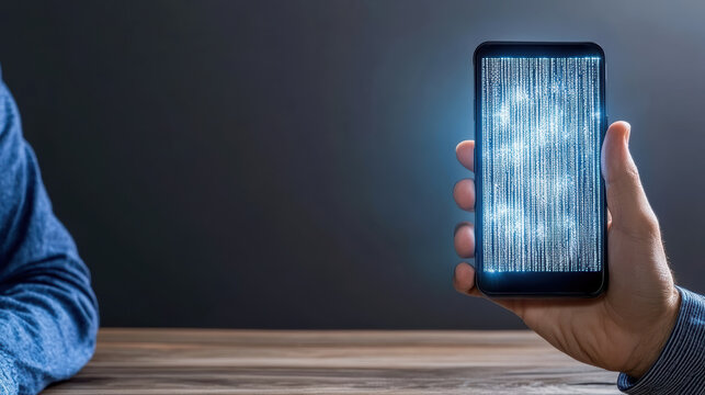 Person holds smartphone displaying glowing digital code, symbolizing technology and innovation