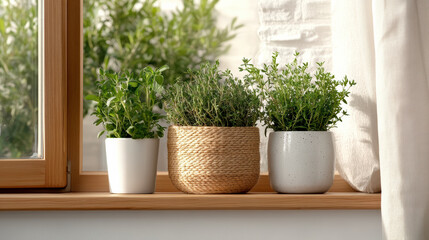 Fototapeta premium Fresh herbs in pots on windowsill, basking in soft morning light, create serene atmosphere