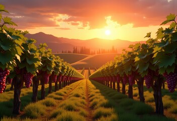 Naklejka premium vibrant vineyard rows sunset illumination golden glow wine country scenic beauty rustic charm, grape, field, plantation, landscape, harvest, flora, nature