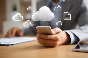 Businessman using smartphone with cloud computing icons for data synchronization and storage