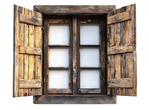 Transparent old window with wooden shutters
