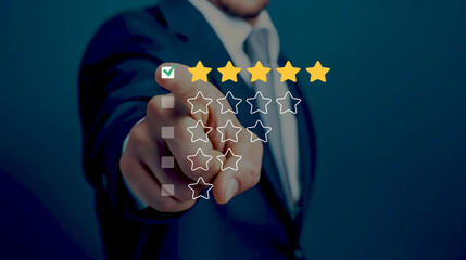 The businessman's finger points to five golden stars, which symbolize excellent customer satisfaction and top performance, along with a professional and confident demeanor.