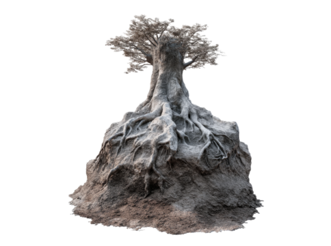 Ancient tree roots embracing stone hilltop isolated, Isolated On White, Png, Transparent Background