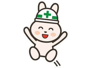 ジャンプして大喜びする工事現場のうさぎさんのイラスト